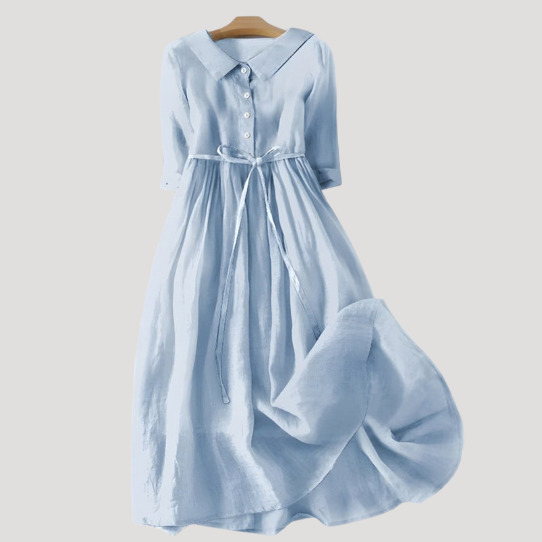 Elegant Button-Front Midi Dress with Tie Waist