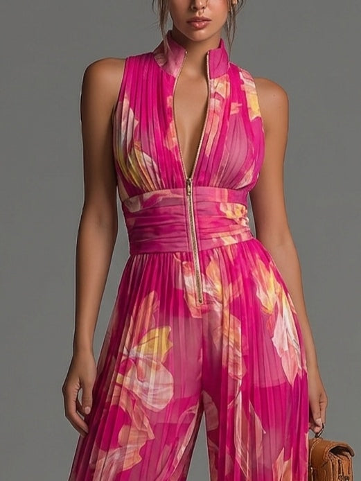 Bloom Jumpsuit | Pleated jumpsuit with a fuchsia floral print
