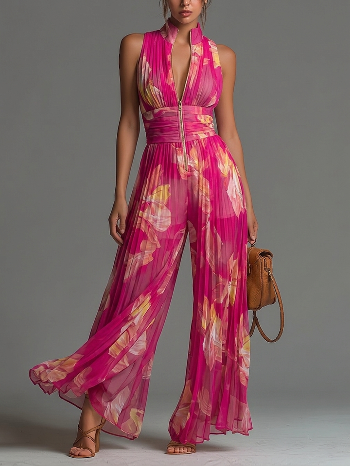 Bloom Jumpsuit | Pleated jumpsuit with a fuchsia floral print