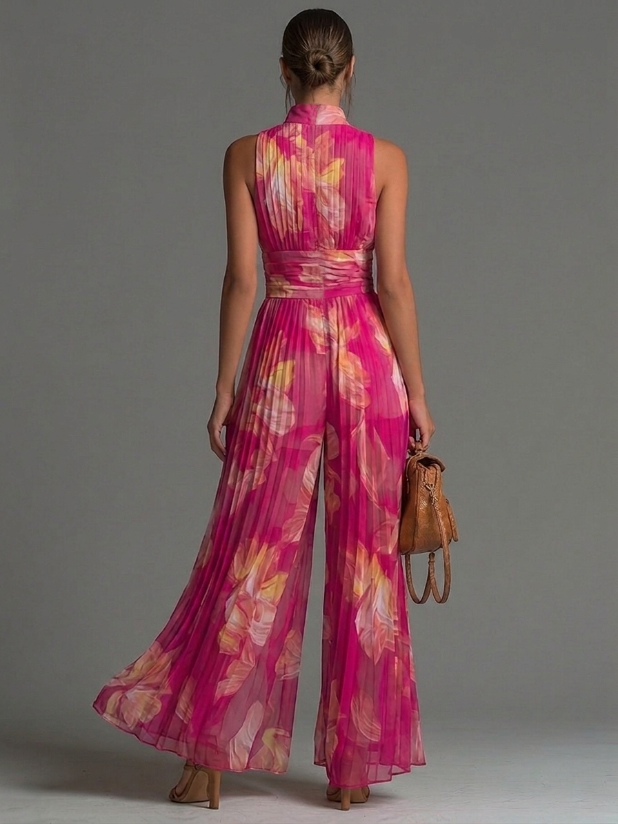 Bloom Jumpsuit | Pleated jumpsuit with a fuchsia floral print