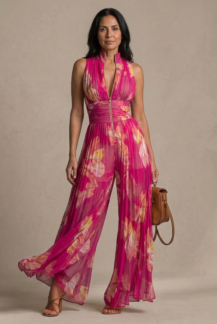 Bloom Jumpsuit | Pleated jumpsuit with a fuchsia floral print